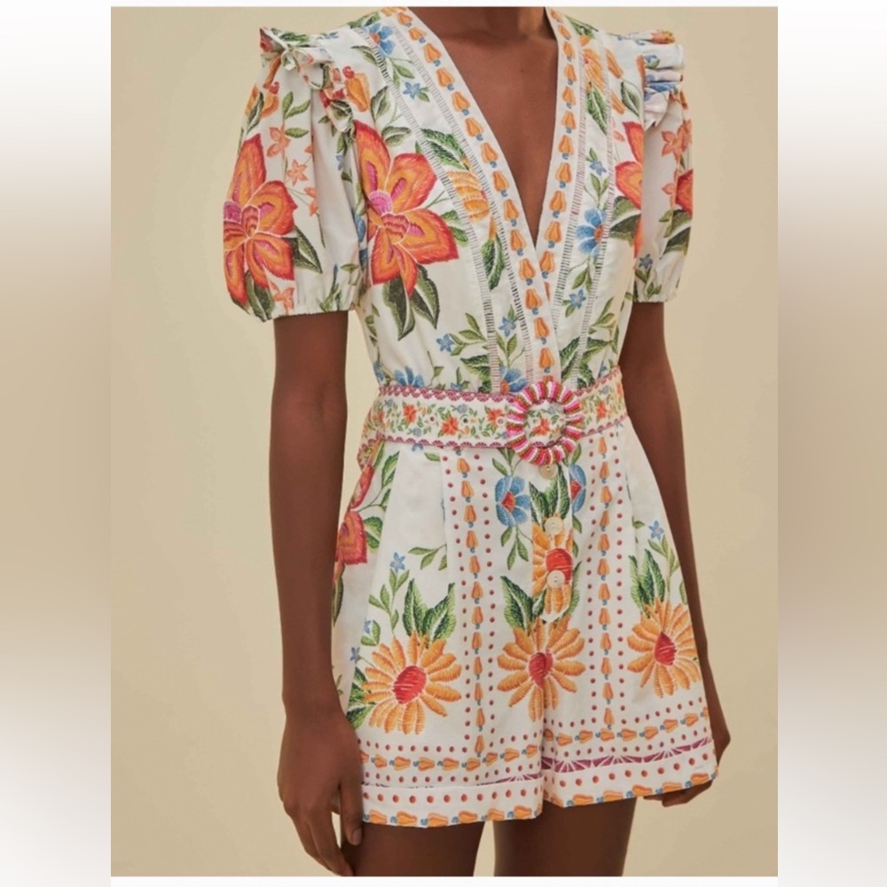 FARM Rio White Embroidered V-Neck Romper with Orange, Pink & Green Florals